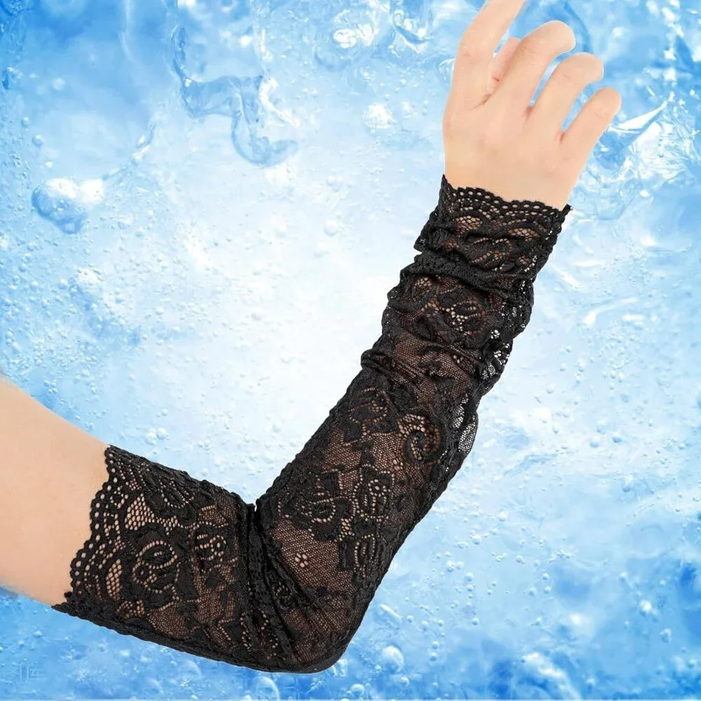 Women's Floral Design Lace Fabric Black Gloves Elbow Length Sleeves Fingerless
